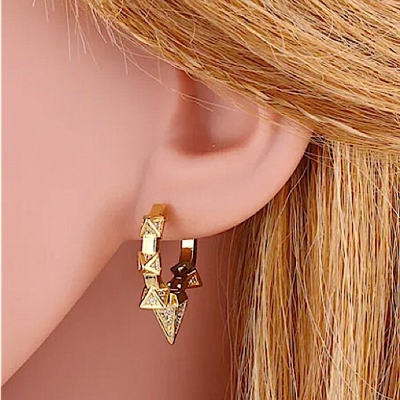 Gold Zircon Spiked Minimalist Earrings, Hoop, Huggie - Picture 2 of 9